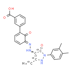 ChemSpider 2D Image | 3-[(5E)-5-{[2-(3,4-Dimethylphenyl)-5-(~13~C)methyl-3-oxo(~13~C_3_)-2,3-dihydro-1H-pyrazol-4-yl]hydrazono}-6-oxo-1,3-cyclohexadien-1-yl]benzoic acid | C2113C4H22N4O4