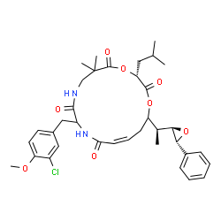 ChemSpider 2D Image | (3R,13Z)-10-(3-Chloro-4-methoxybenzyl)-3-isobutyl-6,6-dimethyl-16-{(1S)-1-[(2R,3R)-3-phenyl-2-oxiranyl]ethyl}-1,4-dioxa-8,11-diazacyclohexadec-13-ene-2,5,9,12-tetrone | C36H45ClN2O8