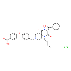 ChemSpider 2D Image | 4-[4-({1-Butyl-3-[(S)-cyclohexyl(hydroxy)methyl]-2,5-dioxo-1,4,9-triazaspiro[5.5]undec-9-yl}methyl)phenoxy]benzoic acid hydrochloride (1:1) | C33H44ClN3O6
