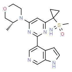 ChemSpider 2D Image | 4-{4-[(3R)-3-Methyl-4-morpholinyl]-6-[1-(S-methylsulfonimidoyl)cyclopropyl]-2-pyrimidinyl}-1H-pyrrolo[2,3-c]pyridine | C20H24N6O2S