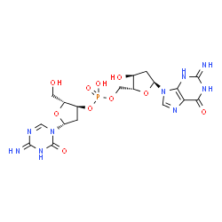 ChemSpider 2D Image | [(2R,3S,5S)-3-hydroxy-5-(2-imino-6-oxo-3H-purin-9-yl)tetrahydrofuran-2-yl]methyl [(2R,3S,5R)-2-(hydroxymethyl)-5-(4-imino-2-oxo-1,3,5-triazin-1-yl)tetrahydrofuran-3-yl] hydrogen phosphate | C18H24N9O10P
