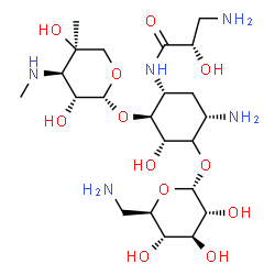 ChemSpider 2D Image | (2S)-3-Amino-N-[(1R,2S,3S,5S)-5-amino-4-[(6-amino-6-deoxy-alpha-D-glucopyranosyl)oxy]-2-{[3-deoxy-4-C-methyl-3-(methylamino)-beta-L-arabinopyranosyl]oxy}-3-hydroxycyclohexyl]-2-hydroxypropanamide | C22H43N5O12