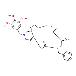 ChemSpider 2D Image | (4aS,9R,15aR)-7-Benzyl-9-hydroxy-10,10-dimethyl-2-(3,4,5-trimethoxybenzyl)tetradecahydropyrido[4,3-i][1,6]oxazacyclotridecin-6(7H)-one | C33H48N2O6