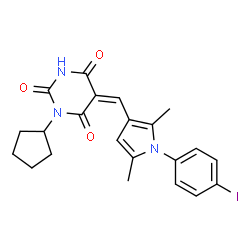 ChemSpider 2D Image | (5Z)-1-Cyclopentyl-5-{[1-(4-iodophenyl)-2,5-dimethyl-1H-pyrrol-3-yl]methylene}-2,4,6(1H,3H,5H)-pyrimidinetrione | C22H22IN3O3