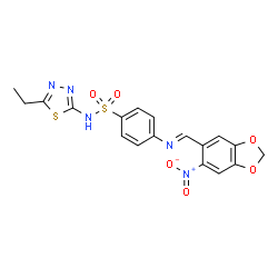 ChemSpider 2D Image | N-(5-Ethyl-1,3,4-thiadiazol-2-yl)-4-{(E)-[(6-nitro-1,3-benzodioxol-5-yl)methylene]amino}benzenesulfonamide | C18H15N5O6S2