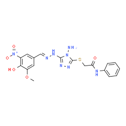 ChemSpider 2D Image | 2-({4-Amino-5-[(2E)-2-(4-hydroxy-3-methoxy-5-nitrobenzylidene)hydrazino]-4H-1,2,4-triazol-3-yl}sulfanyl)-N-phenylacetamide | C18H18N8O5S