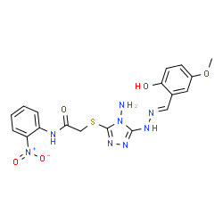 ChemSpider 2D Image | 2-({4-Amino-5-[(2E)-2-(2-hydroxy-5-methoxybenzylidene)hydrazino]-4H-1,2,4-triazol-3-yl}sulfanyl)-N-(2-nitrophenyl)acetamide | C18H18N8O5S