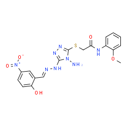 ChemSpider 2D Image | 2-({4-Amino-5-[(2E)-2-(2-hydroxy-5-nitrobenzylidene)hydrazino]-4H-1,2,4-triazol-3-yl}sulfanyl)-N-(2-methoxyphenyl)acetamide | C18H18N8O5S