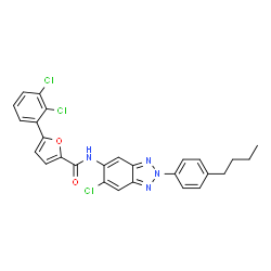 ChemSpider 2D Image | N-[2-(4-Butylphenyl)-6-chloro-2H-benzotriazol-5-yl]-5-(2,3-dichlorophenyl)-2-furamide | C27H21Cl3N4O2