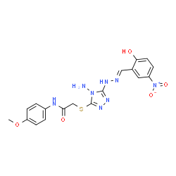 ChemSpider 2D Image | 2-({4-Amino-5-[(2E)-2-(2-hydroxy-5-nitrobenzylidene)hydrazino]-4H-1,2,4-triazol-3-yl}sulfanyl)-N-(4-methoxyphenyl)acetamide | C18H18N8O5S