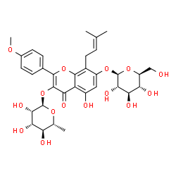 ChemSpider 2D Image | 3-[(6-Deoxy-alpha-D-mannopyranosyl)oxy]-5-hydroxy-2-(4-methoxyphenyl)-8-(3-methyl-2-buten-1-yl)-4-oxo-4H-chromen-7-yl beta-L-glucopyranoside | C33H40O15