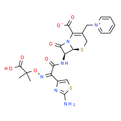 ChemSpider 2D Image | (6S,7S)-7-{[(2Z)-2-(2-Amino-1,3-thiazol-4-yl)-2-{[(2-carboxy-2-propanyl)oxy]imino}acetyl]amino}-8-oxo-3-(1-pyridiniumylmethyl)-5-thia-1-azabicyclo[4.2.0]oct-2-ene-2-carboxylate | C22H22N6O7S2