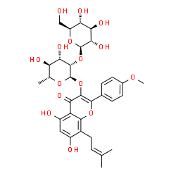 ChemSpider 2D Image | 5,7-Dihydroxy-2-(4-methoxyphenyl)-8-(3-methyl-2-buten-1-yl)-4-oxo-4H-chromen-3-yl 6-deoxy-2-O-beta-L-glucopyranosyl-alpha-D-mannopyranoside | C33H40O15