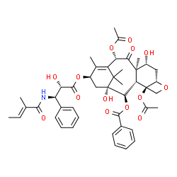 ChemSpider 2D Image | (1beta,2beta,3beta,4alpha,5alpha,7alpha,8alpha,10alpha,13beta)-4,10-Diacetoxy-1,7-dihydroxy-13-{[(2S,3R)-2-hydroxy-3-{[(2E)-2-methyl-2-butenoyl]amino}-3-phenylpropanoyl]oxy}-9-oxo-5,20-epoxytax-11-en-
2-yl benzoate | C45H53NO14
