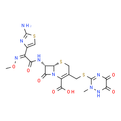 ChemSpider 2D Image | (6S,7S)-7-{[(2Z)-2-(2-Amino-1,3-thiazol-4-yl)-2-(methoxyimino)acetyl]amino}-3-{[(2-methyl-5,6-dioxo-1,2,5,6-tetrahydro-1,2,4-triazin-3-yl)sulfanyl]methyl}-8-oxo-5-thia-1-azabicyclo[4.2.0]oct-2-ene-2-c
arboxylic acid | C18H18N8O7S3