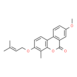 ChemSpider 2D Image | 8-Methoxy-4-methyl-3-[(3-methyl-2-buten-1-yl)oxy]-6H-benzo[c]chromen-6-one | C20H20O4