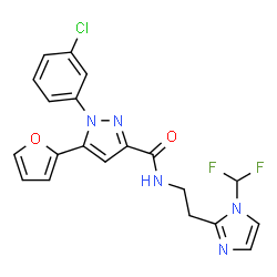 ChemSpider 2D Image | 1-(3-Chlorophenyl)-N-{2-[1-(difluoromethyl)-1H-imidazol-2-yl]ethyl}-5-(2-furyl)-1H-pyrazole-3-carboxamide | C20H16ClF2N5O2