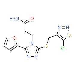 ChemSpider 2D Image | 3-[3-{[(5-Chloro-1,2,3-thiadiazol-4-yl)methyl]sulfanyl}-5-(2-furyl)-4H-1,2,4-triazol-4-yl]propanamide | C12H11ClN6O2S2