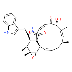 ChemSpider 2D Image | (1Z,4S,5Z,7R,9Z,14aR,15S,15aR,16aS,16bR)-7-Hydroxy-14-(1H-indol-3-ylmethyl)-4,6,15,15a-tetramethyl-4,7,14,14a,15,15a,16a,16b-octahydro-3H-cyclotrideca[d]oxireno[f]isoindole-8,11,12(13H)-trione | C32H36N2O5