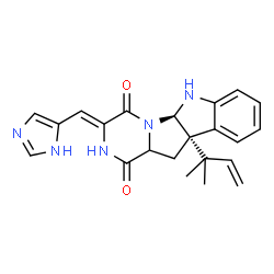 ChemSpider 2D Image | (3Z,5aR,10bS)-3-(1H-Imidazol-5-ylmethylene)-10b-(2-methyl-3-buten-2-yl)-6,10b,11,11a-tetrahydro-2H-pyrazino[1',2':1,5]pyrrolo[2,3-b]indole-1,4(3H,5aH)-dione | C22H23N5O2