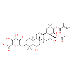 ChemSpider 2D Image | (3alpha,5xi,9xi,16alpha,18alpha,21alpha,22beta)-28-Acetoxy-16,22,24-trihydroxy-21-{[(2E)-2-methyl-2-butenoyl]oxy}olean-12-en-3-yl beta-D-glucopyranosiduronic acid | C43H66O14