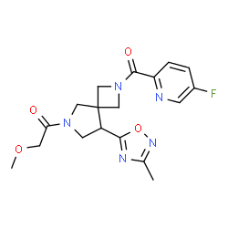 ChemSpider 2D Image | 1-{2-[(5-Fluoro-2-pyridinyl)carbonyl]-8-(3-methyl-1,2,4-oxadiazol-5-yl)-2,6-diazaspiro[3.4]oct-6-yl}-2-methoxyethanone | C18H20FN5O4