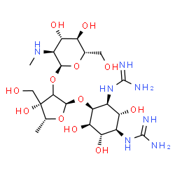 ChemSpider 2D Image | 1,1'-[(1R,2R,3S,4S,5R,6S)-4-{[(2xi)-5-Deoxy-2-O-[2-deoxy-2-(methylamino)-alpha-L-glucopyranosyl]-3-C-(hydroxymethyl)-alpha-D-threo-pentofuranosyl]oxy}-2,5,6-trihydroxy-1,3-cyclohexanediyl]diguanidine | C21H41N7O12
