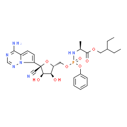ChemSpider 2D Image | 2-ethylbutyl (2S)-2-[({[(2R,3S,4R,5R)-5-{4-aminopyrrolo[2,1-f][1,2,4]triazin-7-yl}-5-cyano-3,4-dihydroxyoxolan-2-yl]methoxy}(phenoxy)phosphoryl)amino]propanoate | C27H35N6O8P