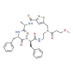 ChemSpider 2D Image | (4S,7S,10R)-7,10-Dibenzyl-15-(3-methoxypropanoyl)-4-methyl-18-oxa-3,6,9,12,15,19-hexaazabicyclo[15.2.1]icosa-1(19),17(20)-diene-2,5,8,11-tetrone | C32H38N6O7