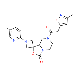 ChemSpider 2D Image | 1-(5-Fluoro-2-pyridinyl)-7'-[(3-methyl-1,2-oxazol-5-yl)acetyl]tetrahydro-5'H-spiro[azetidine-3,1'-[1,3]oxazolo[3,4-a]pyrazin]-3'-one | C19H20FN5O4