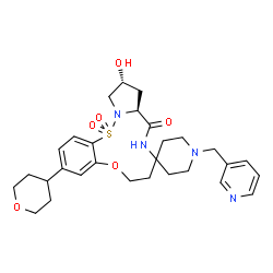 ChemSpider 2D Image | (10a'S,12'R)-12'-Hydroxy-1-(3-pyridinylmethyl)-3'-(tetrahydro-2H-pyran-4-yl)-6',7',10a',11',12',13'-hexahydrospiro[piperidine-4,8'-pyrrolo[1,2-b][9,1,2,5]benzoxathiadiazacycloundecin]-10'(9'H)-one 15'
,15'-dioxide | C29H38N4O6S