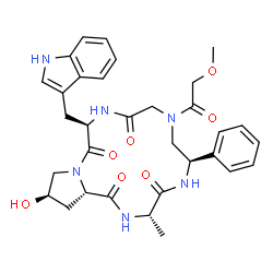 ChemSpider 2D Image | (3S,6R,12R,16R,17aS)-16-Hydroxy-12-(1H-indol-3-ylmethyl)-8-(methoxyacetyl)-3-methyl-6-phenyldodecahydro-1H-pyrrolo[1,2-a][1,4,7,10,13]pentaazacyclopentadecine-1,4,10,13(5H)-tetrone | C32H38N6O7