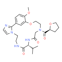 ChemSpider 2D Image | (11R)-11-Isopropyl-20-methoxy-15-[(2S)-tetrahydro-2-furanylcarbonyl]-18-oxa-3,6,9,12,15-pentaazatricyclo[17.3.1.0~2,6~]tricosa-1(23),2,4,19,21-pentaene-10,13-dione | C26H35N5O6