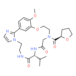 ChemSpider 2D Image | (11R)-11-Isopropyl-20-methoxy-15-[(2R)-tetrahydro-2-furanylcarbonyl]-18-oxa-3,6,9,12,15-pentaazatricyclo[17.3.1.0~2,6~]tricosa-1(23),2,4,19,21-pentaene-10,13-dione | C26H35N5O6