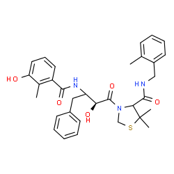 ChemSpider 2D Image | 3-{(2S)-2-Hydroxy-3-[(3-hydroxy-2-methylbenzoyl)amino]-4-phenylbutanoyl}-5,5-dimethyl-N-(2-methylbenzyl)-1,3-thiazolidine-4-carboxamide | C32H37N3O5S