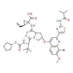 ChemSpider 2D Image | N-[(Cyclopentyloxy)carbonyl]-3-methylvalyl-(4S)-4-({8-bromo-2-[2-(isobutyrylamino)-1,3-thiazol-4-yl]-7-methoxy-4-quinolinyl}oxy)-N-[(2R)-1-carboxy-2-vinylcyclopropyl]prolinamide | C40H49BrN6O9S