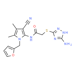 ChemSpider 2D Image | 2-[(5-Amino-1H-1,2,4-triazol-3-yl)sulfanyl]-N-[3-cyano-1-(2-furylmethyl)-4,5-dimethyl-1H-pyrrol-2-yl]acetamide | C16H17N7O2S