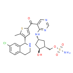 ChemSpider 2D Image | [(1R,2S,4R)-4-[(5-{4-[(1R)-7-chloro-1,2,3,4-tetrahydroisoquinolin-1-yl]-5-methylthiophene-2-carbonyl}pyrimidin-4-yl)amino]-2-hydroxycyclopentyl]methyl sulfamate | C25H28ClN5O5S2