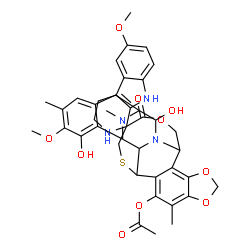 ChemSpider 2D Image | 5',12'-Dihydroxy-6,6'-dimethoxy-7',21',30'-trimethyl-27'-oxo-2,3,4,9-tetrahydrospiro[beta-carboline-1,26'-[17,19,28]trioxa[24]thia[13,30]diazaheptacyclo[12.9.6.1~3,11~.0~2,13~.0~4,9~.0~15,23~.0~16,20~
]triaconta[4,6,8,15,20,22]hexaen]-22'-yl acetate | C41H44N4O10S