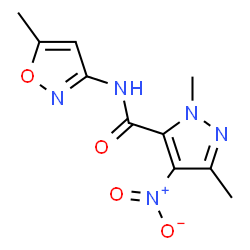 ChemSpider 2D Image | 1,3-Dimethyl-N-(5-methyl-1,2-oxazol-3-yl)-4-nitro-1H-pyrazole-5-carboxamide | C10H11N5O4