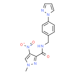ChemSpider 2D Image | 1-Methyl-4-nitro-N-[4-(1H-pyrazol-1-yl)benzyl]-1H-pyrazole-3-carboxamide | C15H14N6O3