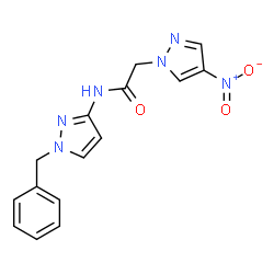 ChemSpider 2D Image | N-(1-Benzyl-1H-pyrazol-3-yl)-2-(4-nitro-1H-pyrazol-1-yl)acetamide | C15H14N6O3
