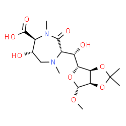 ChemSpider 2D Image | Methyl (5S)-5-C-[(2S,5S,6S)-5-carboxy-6-hydroxy-1,4-dimethyl-3-oxo-1,4-diazepan-2-yl]-2,3-O-isopropylidene-beta-D-ribofuranoside | C17H28N2O9
