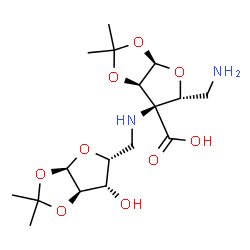 ChemSpider 2D Image | (3aR,5R,6R,6aR)-5-(Aminomethyl)-6-({[(3aR,5R,6S,6aR)-6-hydroxy-2,2-dimethyltetrahydrofuro[2,3-d][1,3]dioxol-5-yl]methyl}amino)-2,2-dimethyltetrahydrofuro[2,3-d][1,3]dioxole-6-carboxylic acid (non-pref
erred name) | C17H28N2O9