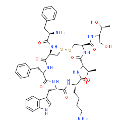 ChemSpider 2D Image | (4R,7S,10S,13S,16S,19R)-10-(4-Aminobutyl)-16-benzyl-N-[(2S,3R)-1,3-dihydroxy-2-butanyl]-7-[(1R)-1-hydroxyethyl]-13-(1H-indol-3-ylmethyl)-6,9,12,15,18-pentaoxo-19-(D-phenylalanylamino)-1,2-dithia-5,8,1
1,14,17-pentaazacycloicosane-4-carboxamide | C49H66N10O10S2
