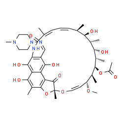 ChemSpider 2D Image | (7R,9Z,11R,12S,13R,14S,15S,16S,17R,18R,19Z,21Z)-2,15,17,27,29-Pentahydroxy-11-methoxy-3,7,12,14,16,18,22-heptamethyl-26-{(Z)-[(4-methyl-1-piperazinyl)imino]methyl}-6,23-dioxo-8,30-dioxa-24-azatetracyc
lo[23.3.1.1~4,7~.0~5,28~]triaconta-1(29),2,4,9,19,21,25,27-octaen-13-yl acetate | C43H58N4O12