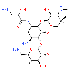 ChemSpider 2D Image | 3-Amino-N-[(2S,3S,4R,5S)-5-amino-4-[(6-amino-6-deoxy-alpha-D-glucopyranosyl)oxy]-2-{[3-deoxy-4-C-methyl-3-(methylamino)-beta-D-arabinopyranosyl]oxy}-3-hydroxycyclohexyl]-2-hydroxypropanamide | C22H43N5O12