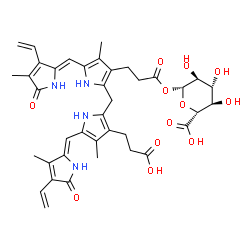 ChemSpider 2D Image | (2R,3R,4R,5S,6R)-6-[3-[2-[[3-(2-carboxyethyl)-4-methyl-5-[(Z)-(3-methyl-5-oxo-4-vinyl-pyrrol-2-ylidene)methyl]-1H-pyrrol-2-yl]methyl]-4-methyl-5-[(Z)-(4-methyl-5-oxo-3-vinyl-pyrrol-2-ylidene)methyl]-1H-pyrrol-3-yl]propanoyloxy]-3,4,5-trihydroxy-tetrahydropyran-2-carboxylic acid | C39H44N4O12