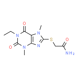 ChemSpider 2D Image | 2-[(1-Ethyl-3,7-dimethyl-2,6-dioxo-2,3,6,7-tetrahydro-1H-purin-8-yl)sulfanyl]acetamide | C11H15N5O3S