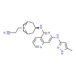 ChemSpider 2D Image | 3-[(3-exo)-3-({7-[(5-Methyl-1H-pyrazol-3-yl)amino]-1,6-naphthyridin-5-yl}amino)-8-azabicyclo[3.2.1]oct-8-yl]propanenitrile | C22H26N8